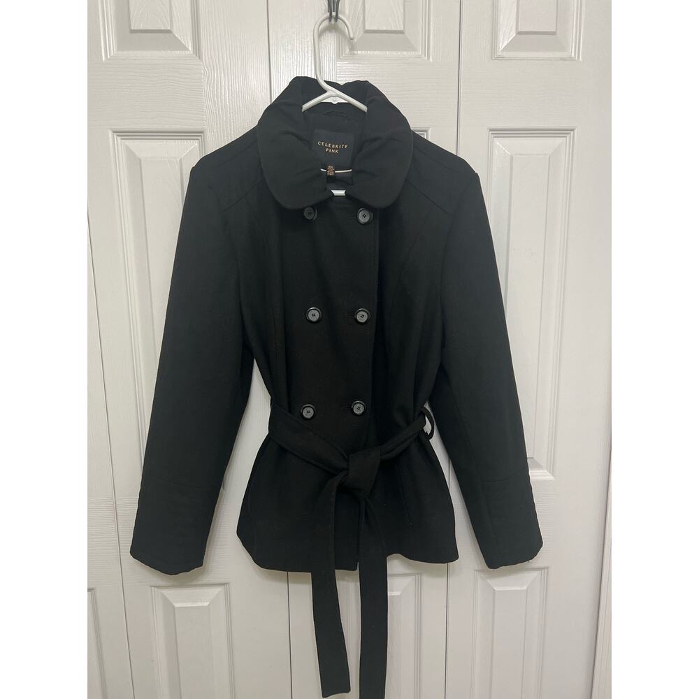 Celebrity Pink Black Double Breasted Lapel Collar Belted Pea Coat- Woman's XXL